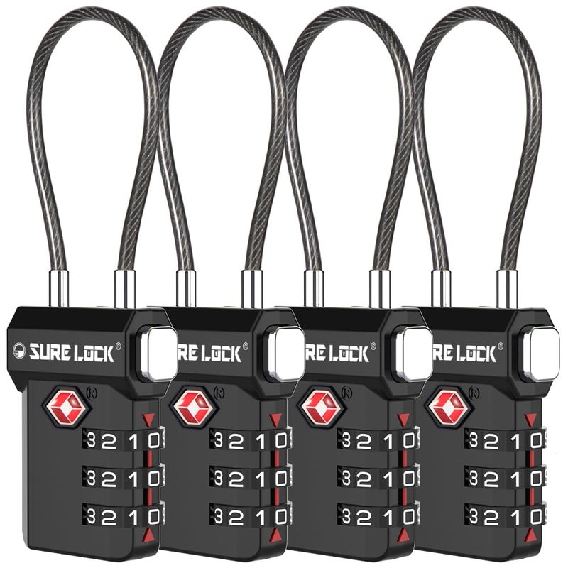 SURE LOCK قفل أمتعة سُور لوك المعتمد من TSA - أقفال TSA للأمتعة مع مؤشر الفحص البصري، مجموعة قابلة لإعادة الضبط مكونة من 3 أرقام، جسم من سبائك الزنك للحقائب، حقائب الظهر، خزائن الصالة الرياضية (أسود 4 عبوات) - Image 1